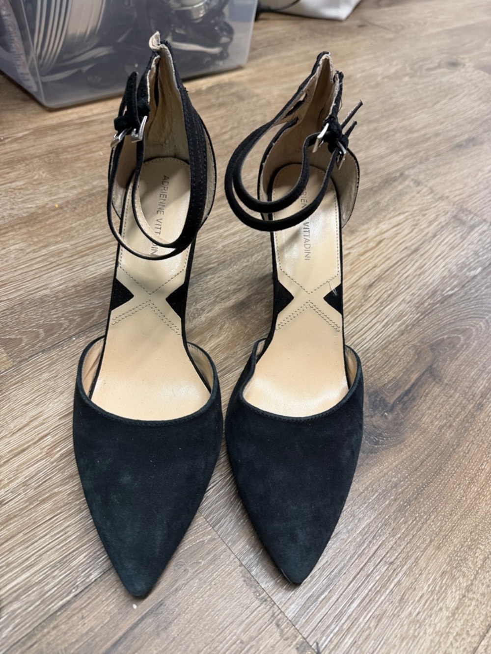 Adrienne Vittadini Black Suede Pointed Toe Ankle-Strap Heels